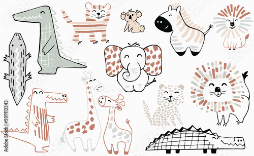African animal cute summer print set. Cool minimalistic illustration.