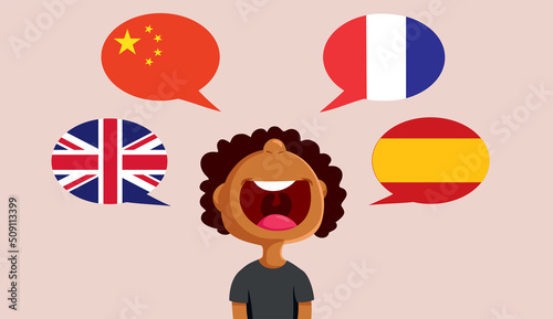 Smart Child Speaking Many Foreign Languages Vector Cartoon Illustration. Child of African Ethnicity speaking multiple languages fluently 
 photo
