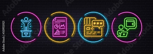 Card, Winner podium and Report document minimal line icons. Neon laser 3d lights. Wallet icons. For web, application, printing. Bank payment, First place, Growth chart. Online money. Vector