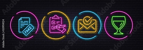 Fake news, Checklist and Approved mail minimal line icons. Neon laser 3d lights. Wine glass icons. For web, application, printing. Wrong fact, Questioning clipboard, Confirmed document. Vector