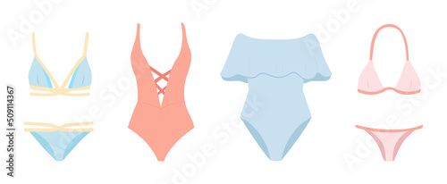  Set with swimsuits. Hand drawn flat cartoon elements. Vector illustration. Summer set of stickers.