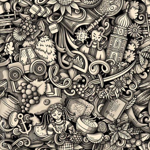Cartoon doodles Ukraine seamless pattern
