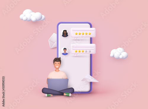 Man give a star feedback. Vector customer review concepts. Reviews stars with good and bad rate and text. 3D Web Vector Illustrations.