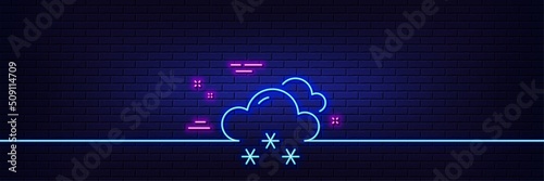 Neon light glow effect. Snow weather forecast line icon. Clouds with snowflake sign. Cloudy sky symbol. 3d line neon glow icon. Brick wall banner. Snow weather outline. Vector