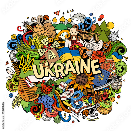 Ukraine hand drawn cartoon doodle illustration. Funny Ukrainian design.
