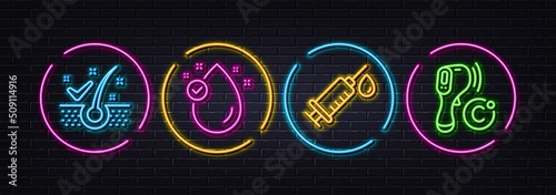 Anti-dandruff flakes, Vitamin e and Medical syringe minimal line icons. Neon laser 3d lights. Electronic thermometer icons. For web, application, printing. Healthy hair, Oil drop, Vaccination. Vector
