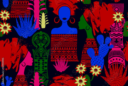 African women and cactus flowers. BLM theme. Bright seamless background.