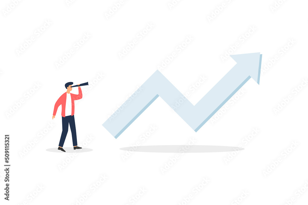 Businessman looking at investment chart, wealth, income and business finances with binoculars. Vector illustration Businessman looking at investment chart, wealth, income and business finances with binoculars. Vector illustration