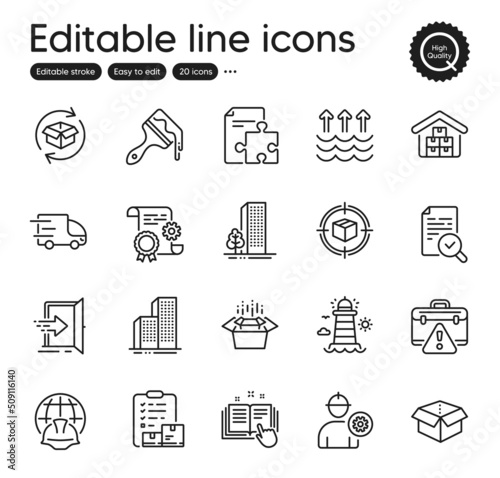 Set of Industrial outline icons. Contains icons as Return parcel, Construction document and Brush elements. Lighthouse, Packing boxes, Buildings web signs. Evaporation, Engineer. Vector