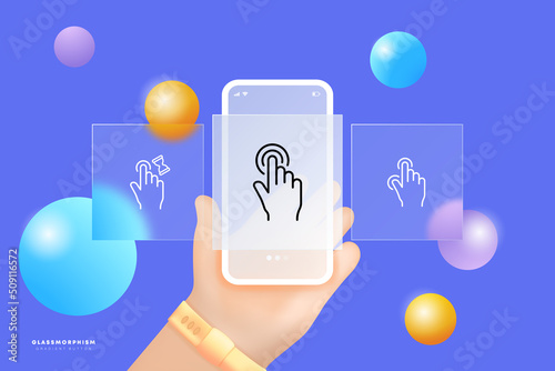 Click set icon. Index finger, brush, tapping, sliding, scrolling, waiting, cursor, arrow, hourglass, typing. Pressing concept. Glassmorphism. UI phone app screens. Vector line icon for Business