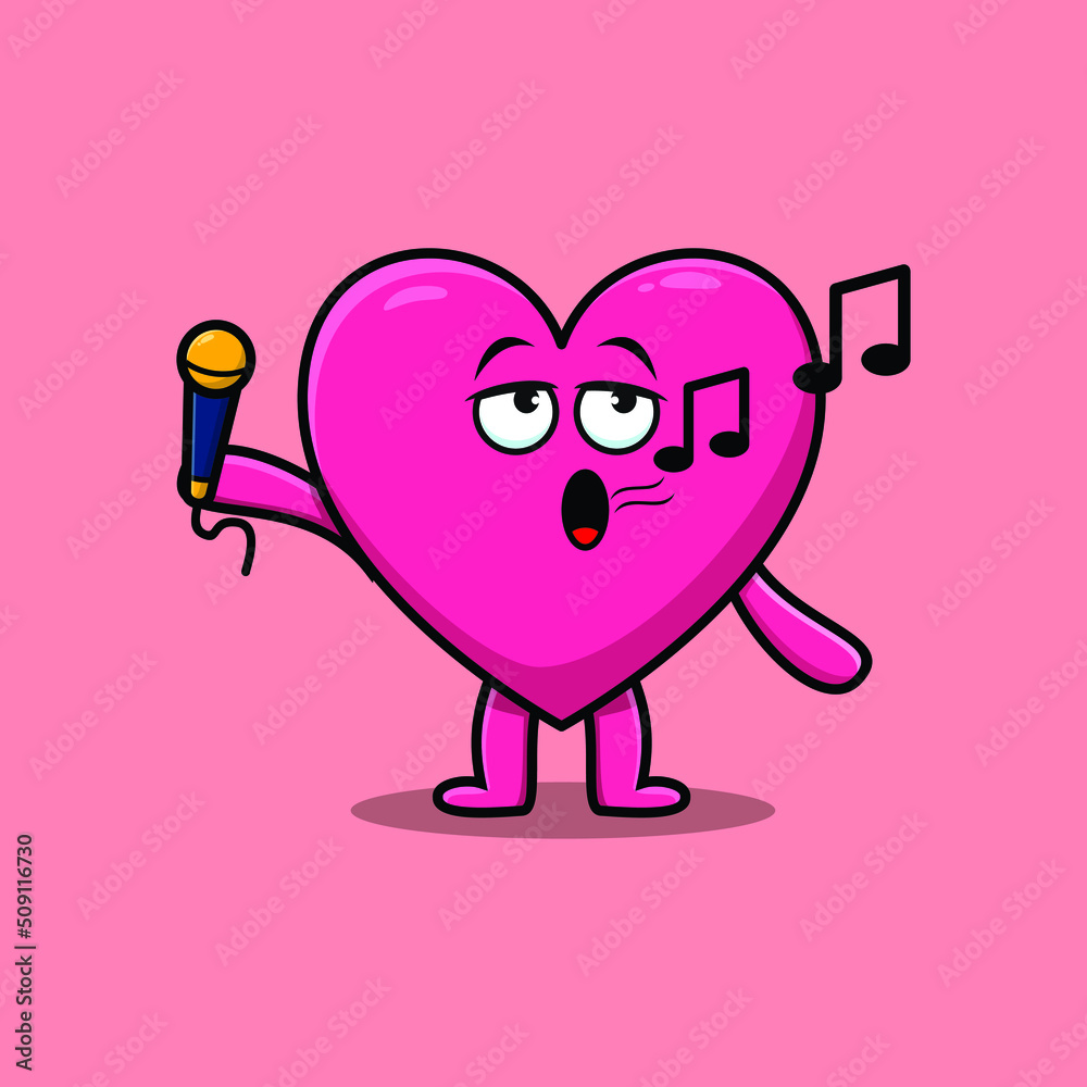 Cute cartoon lovely heart singer character holding mic in 3d modern ...