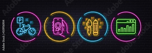Award app, Bike and Creativity minimal line icons. Neon laser 3d lights. Marketing statistics icons. For web, application, printing. Smartphone certification, Mountain bicycle, Graphic art. Vector