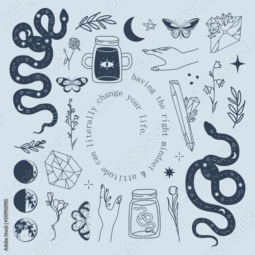 Set of hand drawn witchcraft items and mythical elements in boho, aztec style. Modern, trendy colors, minimalism art.