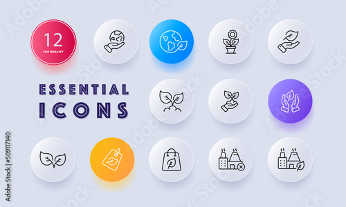 Garden set icon. Plant, factory, photosynthesis, ecology, watering, botany, sprout, save the panet. Green peace concept. Neomorphism style. Vector line icon for Business and Advertising