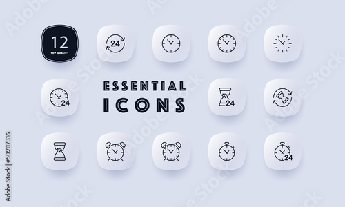 Time management set icon. Clock, alarm clock, around the clock, reminder, stopwatch, day, night, calendar, wristwatch, wall clock. Punctuality concept. Neomorphism style. Vector line icon for Business