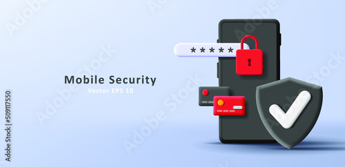 Payment security digital illustration with black 3d smartphone and credit cards with padlock encrypted. Vector illustration