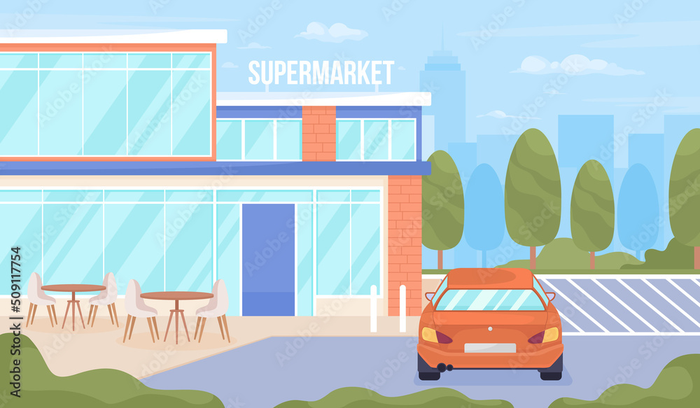 Supermarket with cafe and parking lots flat color vector illustration. Urban infrastructure. Fully editable 2D simple cartoon cityscape with modern town on background. Bebas Neue font used