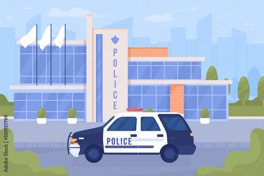 Police car and office on city street flat color vector illustration. Urban service against criminal actions. Fully editable 2D simple cartoon cityscape with sky on background. Bebas Neue font used
