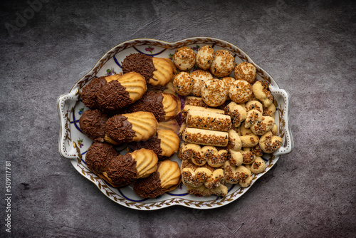 Slika na platnu Sesame crackers cookies and Petit four marmalade and chocolate truffle garnish