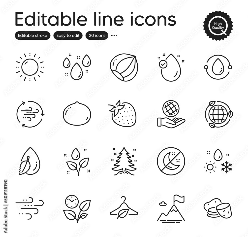 Set of Nature outline icons. Contains icons as Wind energy, Rainy weather and Vitamin e elements. Eco energy, Insomnia, Weather web signs. Strawberry, Leaves, Hazelnut elements. Vector Set of Nature outline icons. Contains icons as Wind energy, Rainy weather and Vitamin e elements. Eco energy, Insomnia, Weather web signs. Strawberry, Leaves, Hazelnut elements. Vector