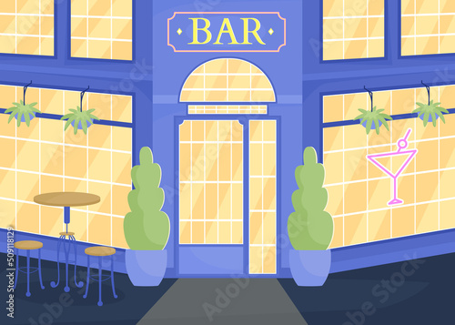 Popular bar on night city street flat color vector illustration. Pub waiting for guests. Fully editable 2D simple cartoon cityscape with lit building facade on background. Cardo font used