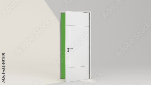 Close white and open door on white background with sunlight shade and shadow with balloon. and green screen. 3d rendering