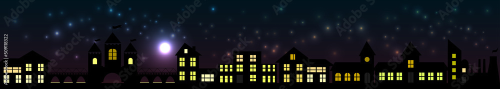 Cityscape at night. Bright moon and shooting star