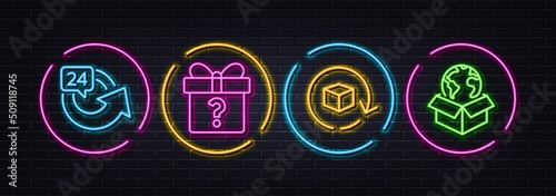 24 hours, Return package and Secret gift minimal line icons. Neon laser 3d lights. Delivery service icons. For web, application, printing. Repeat, Exchange goods, Unknown package. Vector