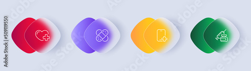 Hospital set icon. Heart, cardiology, pulse, red cross, plaster, injection, call an ambulance, pharmacy. Health care concept. Glassmorphism style. Vector line icon for Business and Advertising