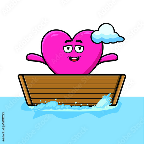 cute cartoon lovely heart get on boat in vector character illustration