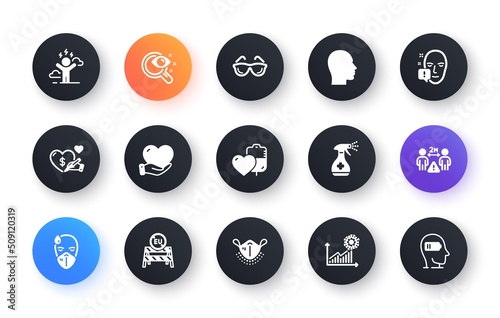 Minimal set of Social care, Difficult stress and Medical cleaning flat icons for web development. Face attention, Eu close borders, Volunteer icons. Medical mask, Eyeglasses. Vector