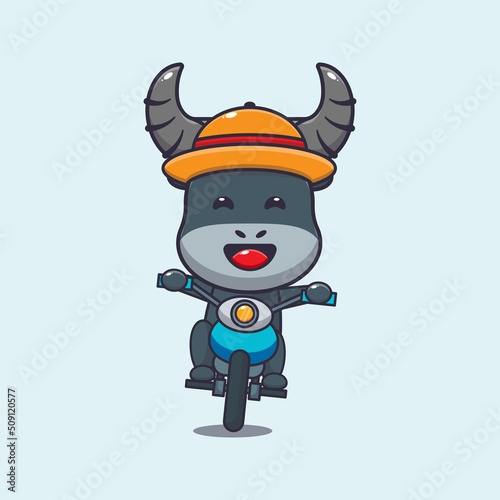 Cool buffalo cartoon mascot character ride motocycle in summer day