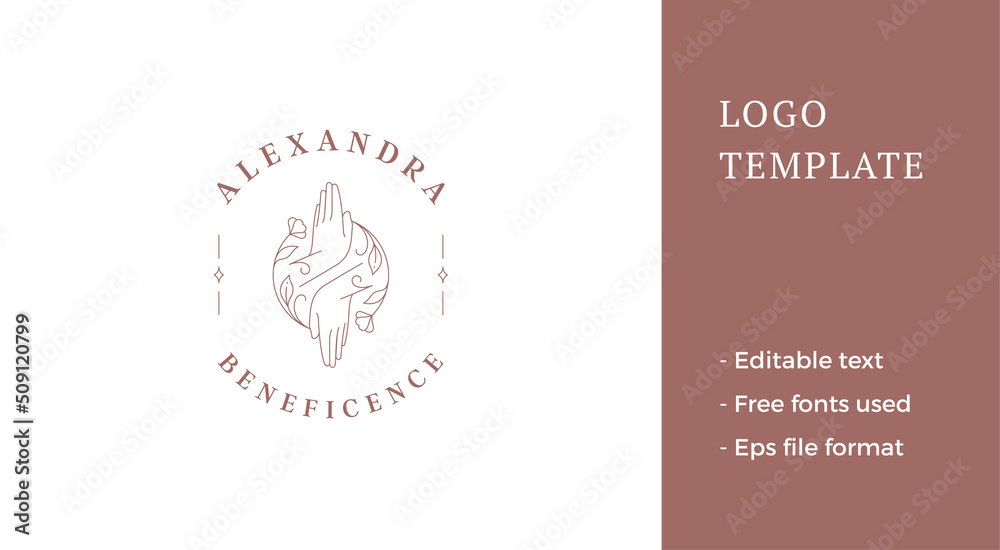 Fototapeta premium Concentrated human hands relax meditation spring bloom circle frame line logo vector illustration