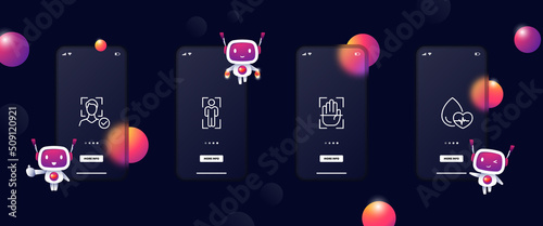 Authentication set icon. Face recognition, voice recognition. Identification, pulse, etc. Biometrics concept. Glassmorphism. UI phone app screen. Vector line icon for Business and Advertising