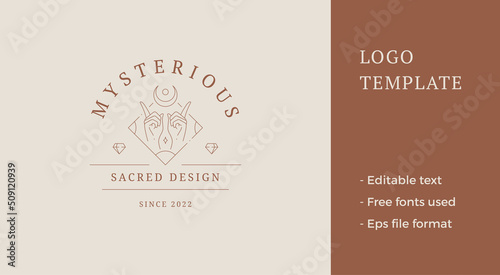 Mythic human hands pointing up forefingers esoteric half moon gem brilliant line logo vector