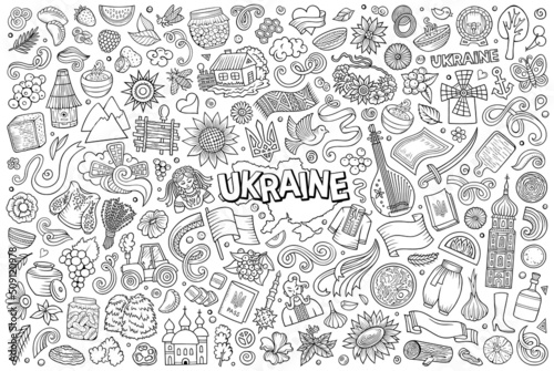 Doodle cartoon set of Ukraine objects and symbols