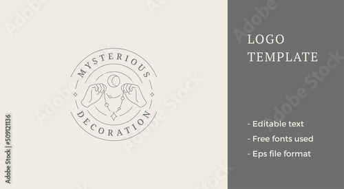 Esoteric human hands jewelry brilliant necklace esoteric half moon line logo vector illustration