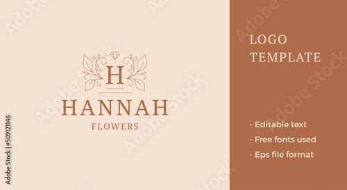Spring blossom botanical branches with brilliant gemstone luxury line logo vector illustration
