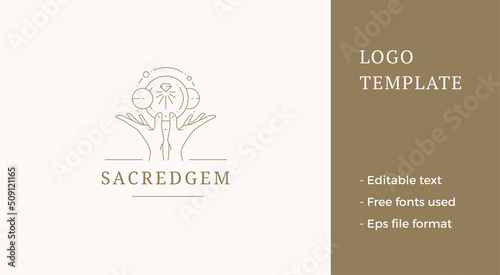 Open human hands holding space galaxy planet bright gem brilliant monochrome design line logo vector