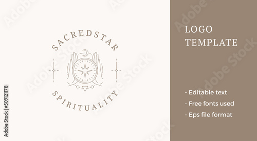 Human hands holding decorative compass medieval star and half moon design line art logo vector