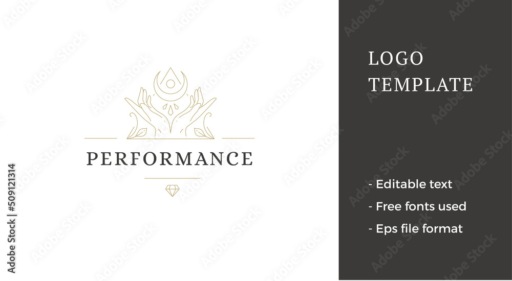 Fototapeta premium Magic human hands with half moon and gem elegant blossom triangle frame line art logo vector