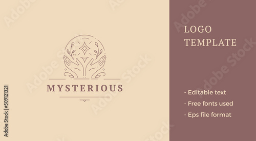 Mythic open human palms glow gem diamond at circle botanical spring blossom frame line logo vector