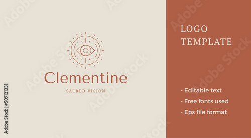 Occultism all seeing eye in circle bright sun frame line art logo place for text vector illustration