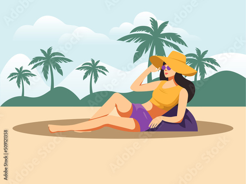 Girl relaxing and sunbathing on beach summer time