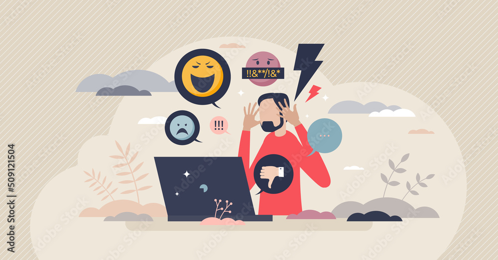 Online trolling and social media victim cruel bullying tiny person concept. Psychological suffering from negative website comments and emotional frustration vector illustration. Hate speech problem. - obrazy, fototapety, plakaty 
