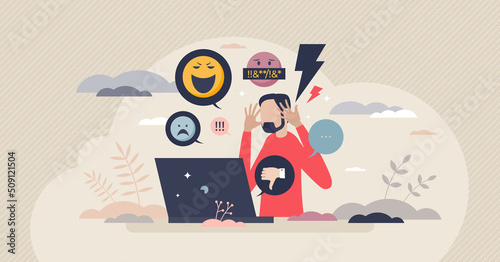 Online trolling and social media victim cruel bullying tiny person concept. Psychological suffering from negative website comments and emotional frustration vector illustration. Hate speech problem. photo