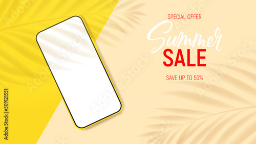 Summer sale ad banner template. Flatlay banner with smartphone on color background with shadows of tropical plants. Vector 3d ad illustration for promotion of summer goods.