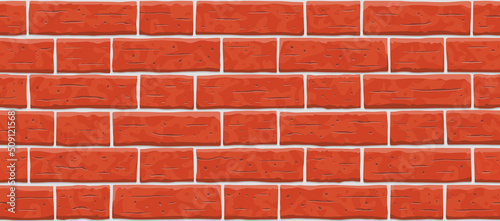 Brick red wall pattern seamless background. Vector pattern illustration. Texture of red, orange, brown cartoon brick wall. Fence horizontal old seamless brick texture background.