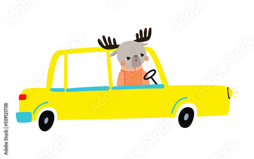 Cute animals in funny colored cars. Animal driver, happy pets in car kid. Transportation savannah animals. Isolated vector cartoon illustration icons set