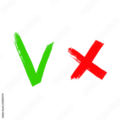 Hand drawn checkmark cross sign. Doodle check marks answers in test, confirmation, negation icons. Checklist marks template, voting set. Vector flat illustration isolated on white.